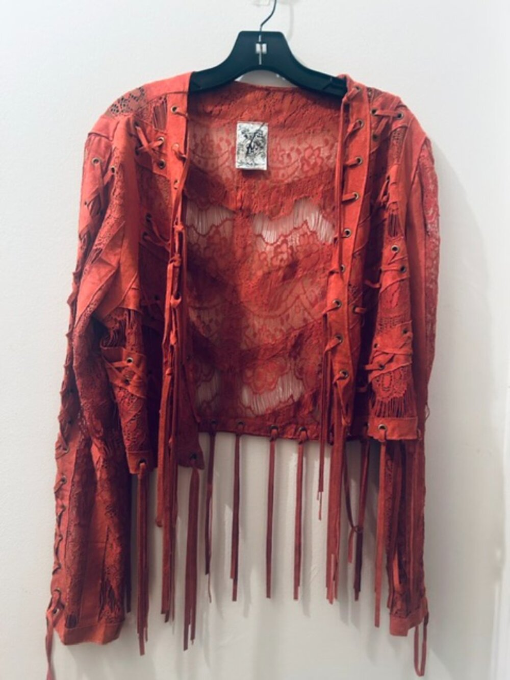 Vocal Women's Red Brick Suede Lace Stitching Fringe Open Tassel Jacket NEW - Picture 2 of 16